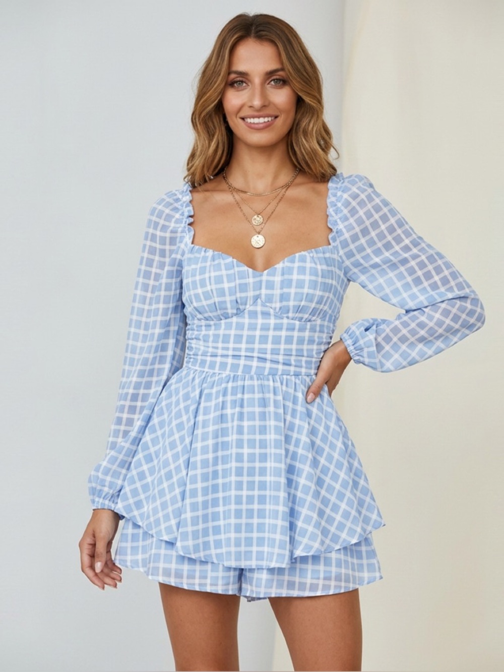 Light Blue Plaid Smocked Mini Romper, Size Small